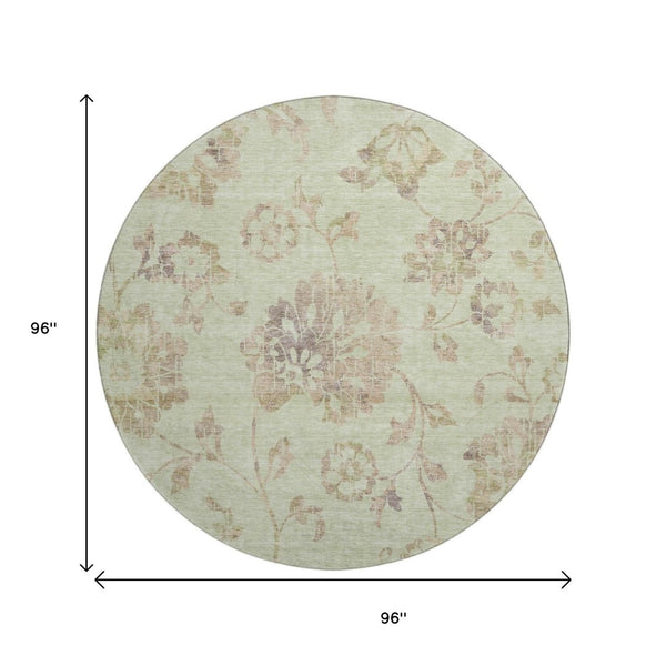 HomeRoots 8' Washable Floral Round Rug in Artichoke Green, Taupe & Beige - UV Protected, Stain-Resistant Design 667888