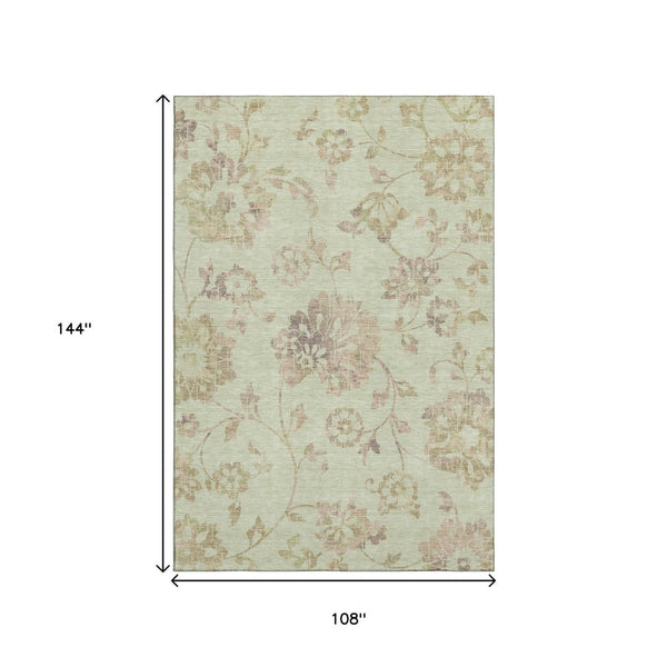 HomeRoots 9' X 12' Elegant Floral Area Rug in Artichoke Green, Taupe & Beige - Washable, UV Protected, Durable 667890