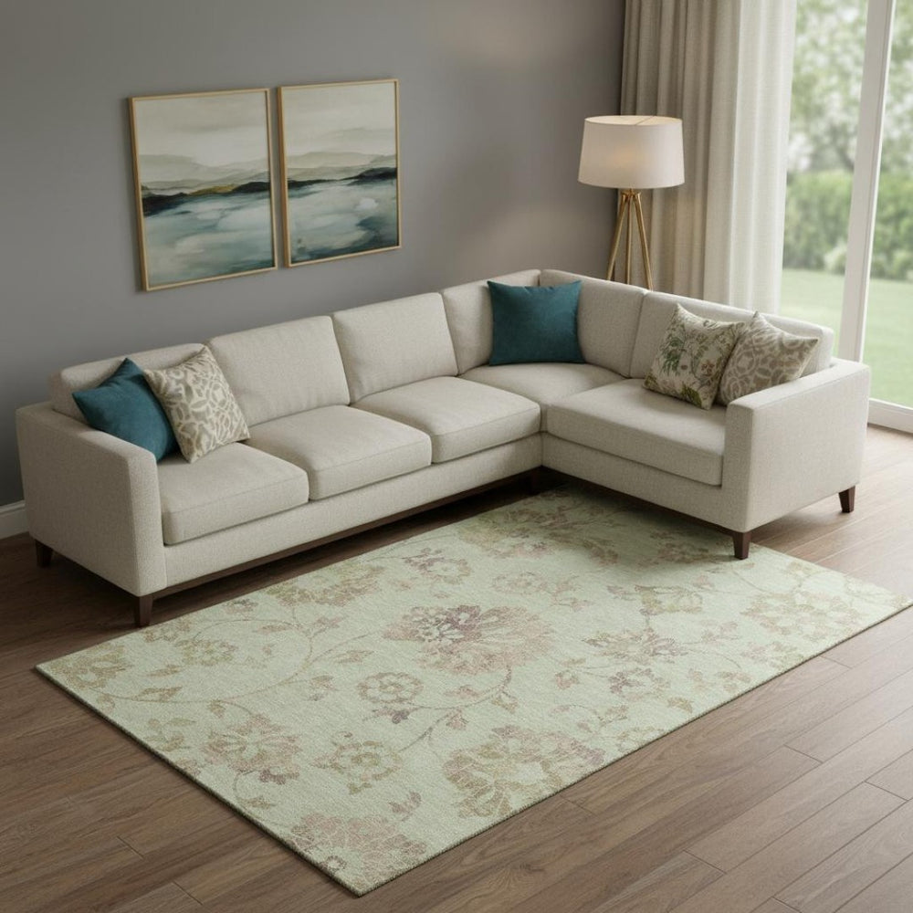 HomeRoots 9' X 12' Elegant Floral Area Rug in Artichoke Green, Taupe & Beige - Washable, UV Protected, Durable 667890