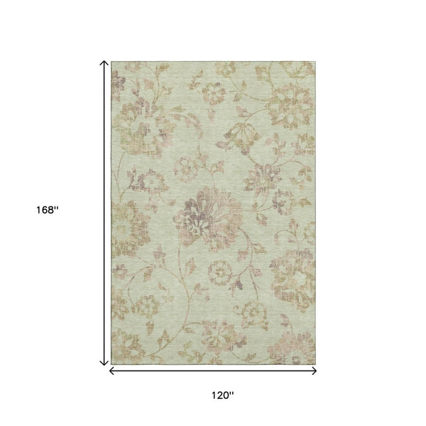 HomeRoots 10' X 14' Artichoke Green Floral Area Rug - Washable, UV Protected, Perfect for Family Spaces 667891