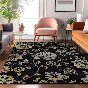 HomeRoots 5' X 8' Black Silver Beige Floral Washable Area Rug - Stylish, Stain-Resistant, UV Protected Comfort 667893