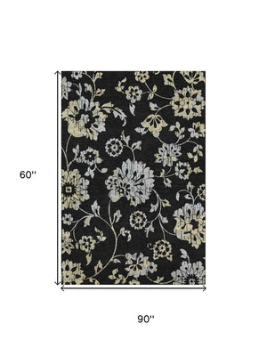 HomeRoots 5' X 8' Black Silver Beige Floral Washable Area Rug - Stylish, Stain-Resistant, UV Protected Comfort 667893