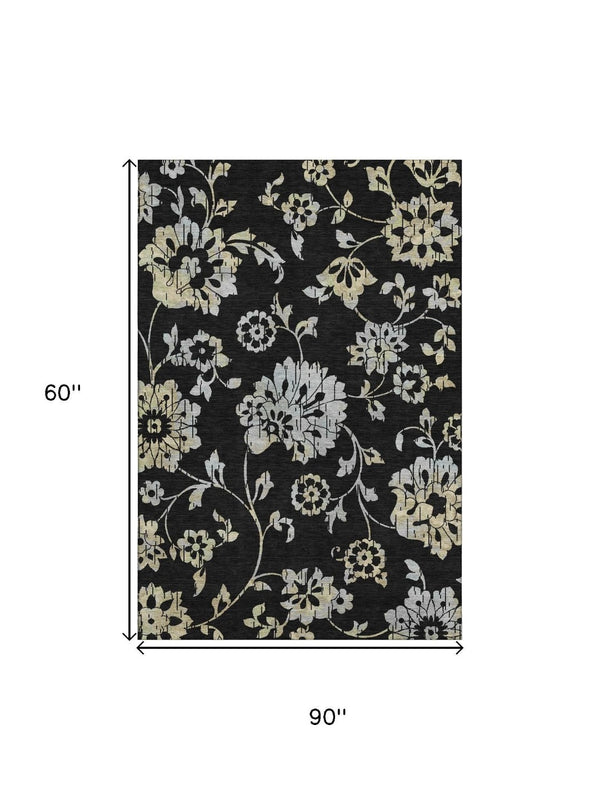 HomeRoots 5' X 8' Black Silver Beige Floral Washable Area Rug - Stylish, Stain-Resistant, UV Protected Comfort 667893