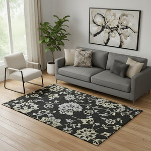 HomeRoots 5' X 8' Black Silver Beige Floral Washable Area Rug - Stylish, Stain-Resistant, UV Protected Comfort 667893