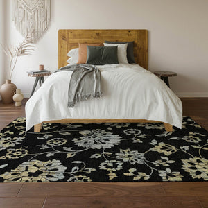 HomeRoots 5' X 8' Black Silver Beige Floral Washable Area Rug - Stylish, Stain-Resistant, UV Protected Comfort 667893