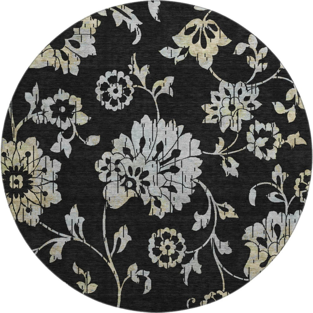 HomeRoots 8' Elegant Black Silver & Beige Floral Round Rug - Washable, UV Protected, Perfect for Any Space 667894