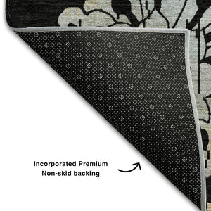 HomeRoots 8' Elegant Black Silver & Beige Floral Round Rug - Washable, UV Protected, Perfect for Any Space 667894