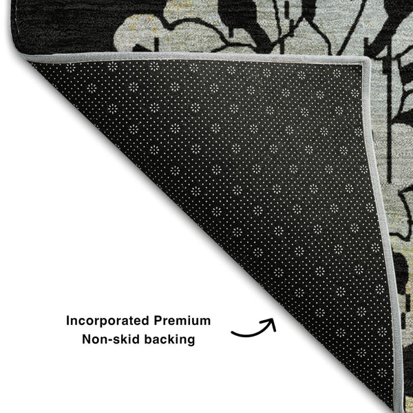 HomeRoots 8' Elegant Black Silver & Beige Floral Round Rug - Washable, UV Protected, Perfect for Any Space 667894
