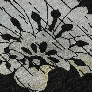 HomeRoots 8' Elegant Black Silver & Beige Floral Round Rug - Washable, UV Protected, Perfect for Any Space 667894