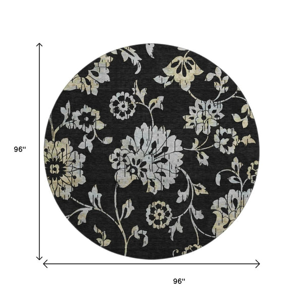 HomeRoots 8' Elegant Black Silver & Beige Floral Round Rug - Washable, UV Protected, Perfect for Any Space 667894