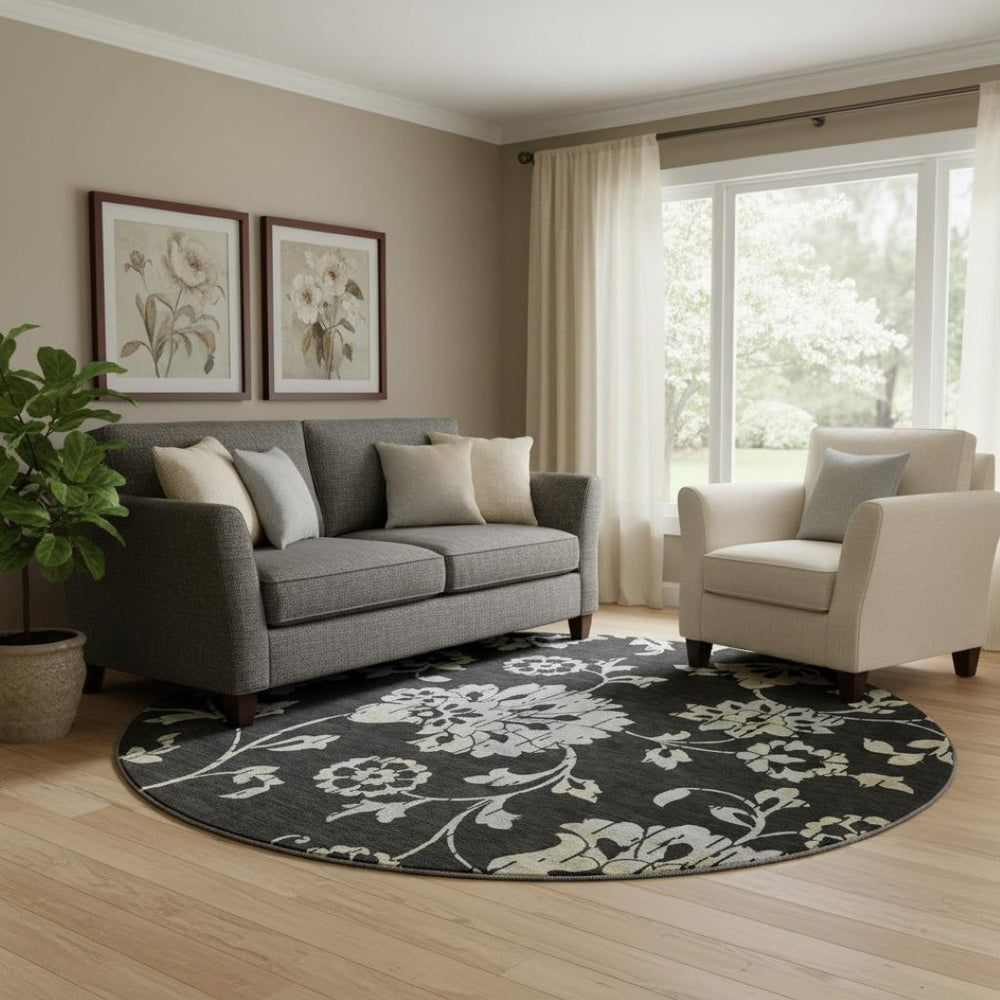 HomeRoots 8' Elegant Black Silver & Beige Floral Round Rug - Washable, UV Protected, Perfect for Any Space 667894