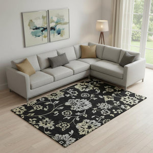 HomeRoots 8' X 10' Floral Washable Area Rug - Elegant Black, Silver & Beige Design with UV Protection & Durability 667895
