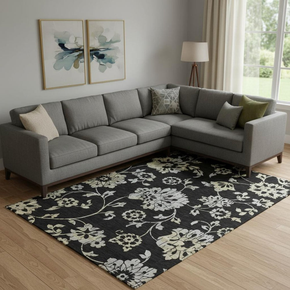 HomeRoots 10' X 14' Black Silver Beige Floral Area Rug - Washable, UV Protected, Durable for Busy Homes! 667897