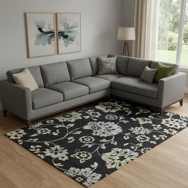 HomeRoots 10' X 14' Black Silver Beige Floral Area Rug - Washable, UV Protected, Durable for Busy Homes! 667897