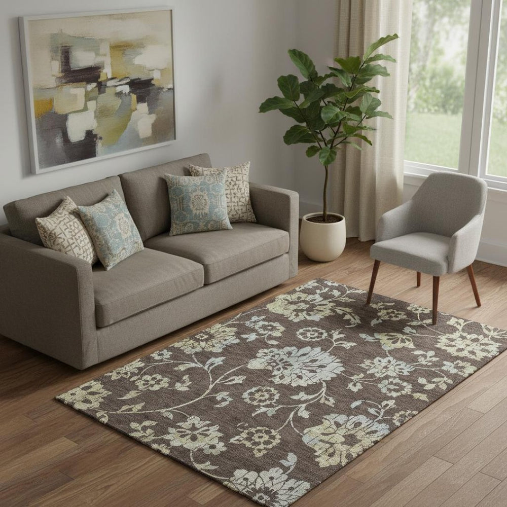 HomeRoots 5' X 8' Floral Area Rug in Chocolate Gray & Beige – Washable, UV Protected, Stain Resistant Beauty 667899