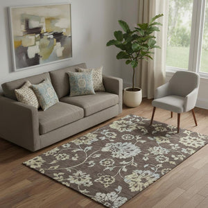 HomeRoots 5' X 8' Floral Area Rug in Chocolate Gray & Beige – Washable, UV Protected, Stain Resistant Beauty 667899