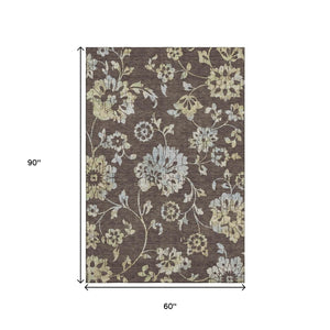HomeRoots 5' X 8' Floral Area Rug in Chocolate Gray & Beige – Washable, UV Protected, Stain Resistant Beauty 667899