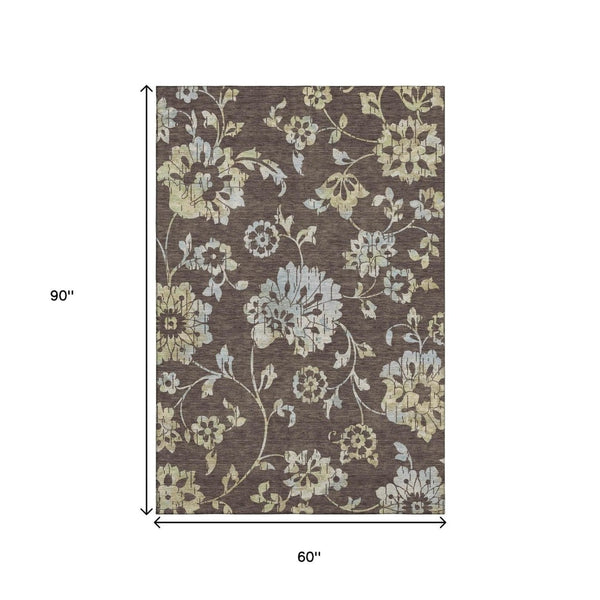 HomeRoots 5' X 8' Floral Area Rug in Chocolate Gray & Beige – Washable, UV Protected, Stain Resistant Beauty 667899