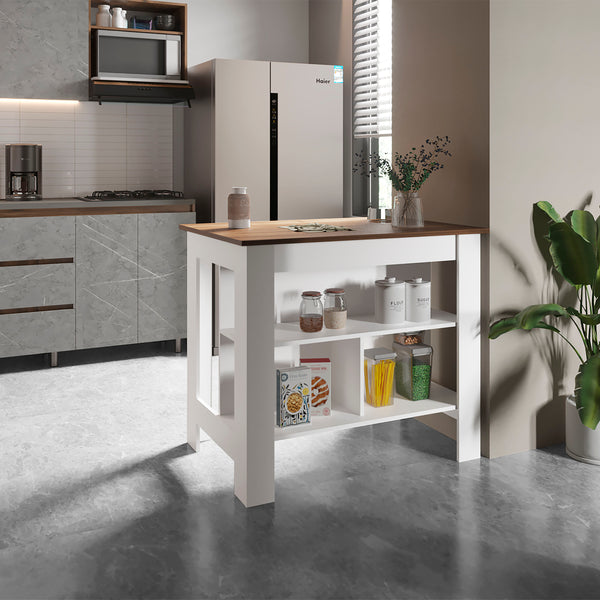 English Elm Cortes Kitchen Island With 2-Tier Shelf, Spacious Worktop & Reversible Design For Versatile Use B200P235837