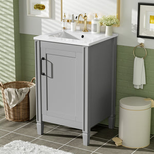 English Elm 20" Gray Bathroom Vanity with Ceramic Sink, Soft-Close Door, U-Shaped Adjustable Shelf & Door Storage Rack for Small Spaces N729P299364E