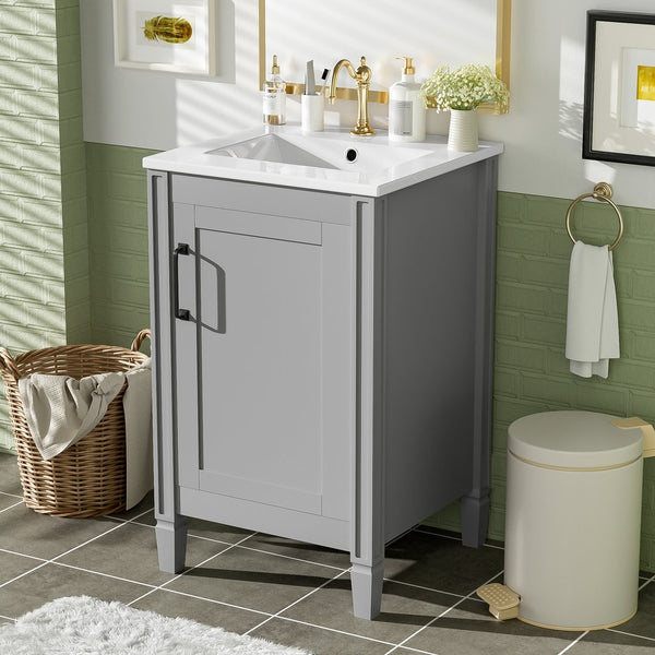 English Elm 20" Gray Bathroom Vanity with Ceramic Sink, Soft-Close Door, U-Shaped Adjustable Shelf & Door Storage Rack for Small Spaces N729P299364E