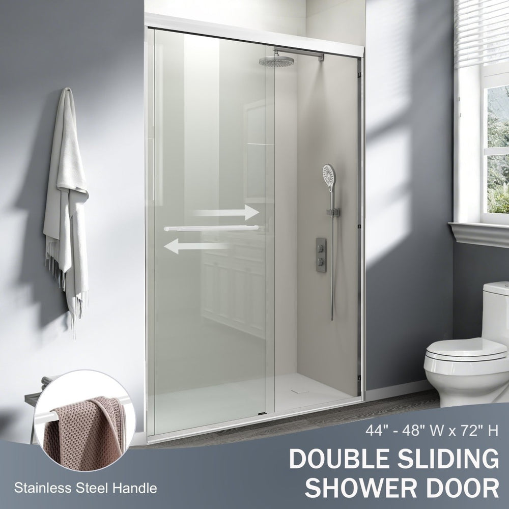 English Elm 44" Semi-frameless Double Sliding Shower Door Brushed Gold Tempered Glass Walk-in White W1920P385296