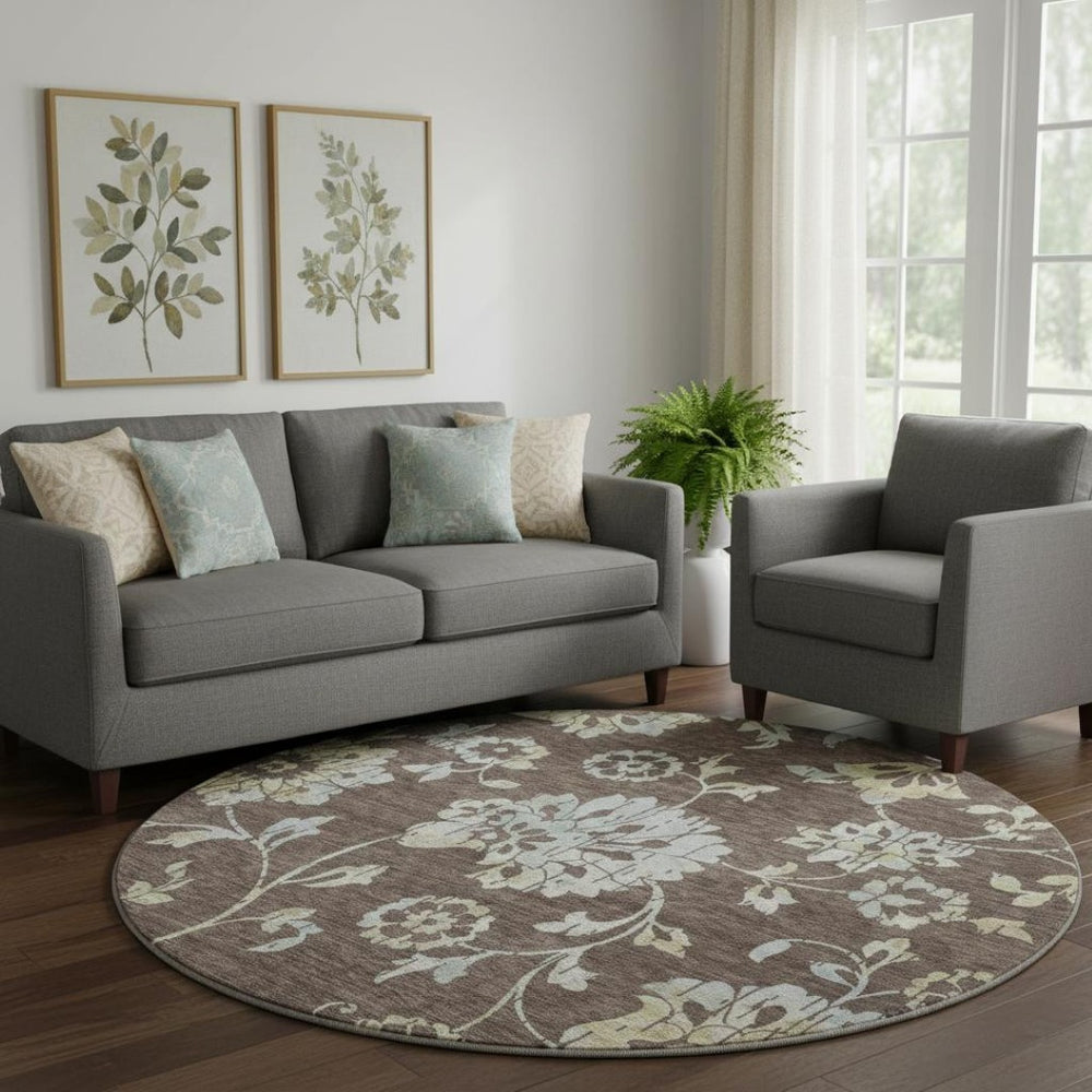 HomeRoots 8' Floral Washable Round Rug in Chocolate Gray & Beige - Stain-Resistant, UV Protected, Durable Design 667900