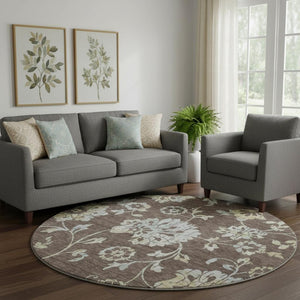 HomeRoots 8' Floral Washable Round Rug in Chocolate Gray & Beige - Stain-Resistant, UV Protected, Durable Design 667900