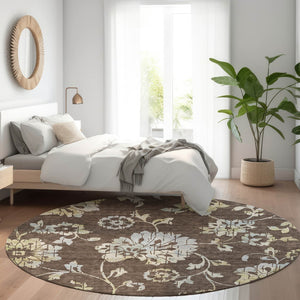 HomeRoots 8' Floral Washable Round Rug in Chocolate Gray & Beige - Stain-Resistant, UV Protected, Durable Design 667900