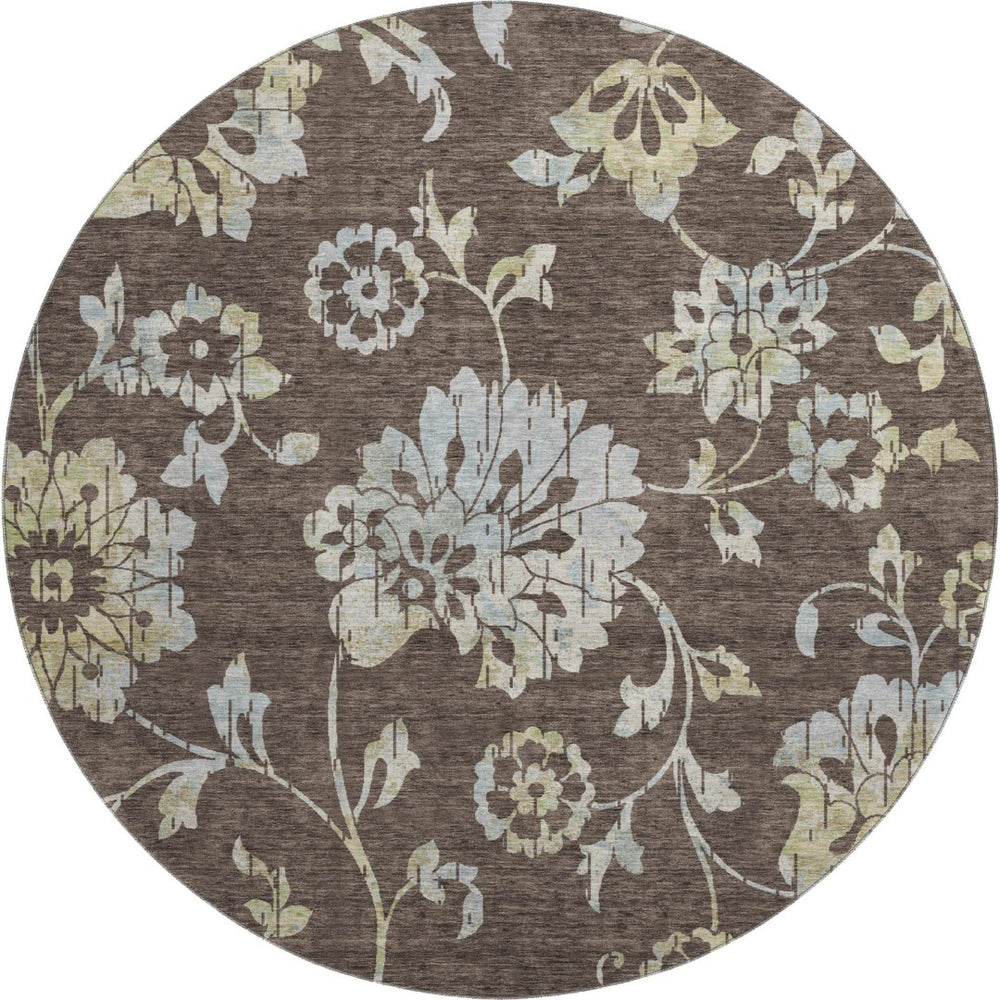 HomeRoots 8' Floral Washable Round Rug in Chocolate Gray & Beige - Stain-Resistant, UV Protected, Durable Design 667900