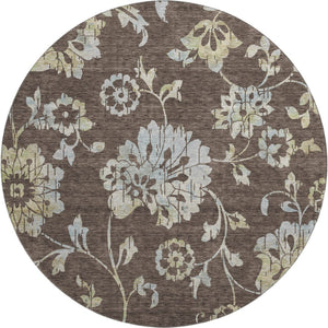 HomeRoots 8' Floral Washable Round Rug in Chocolate Gray & Beige - Stain-Resistant, UV Protected, Durable Design 667900