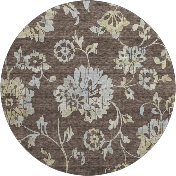 HomeRoots 8' Floral Washable Round Rug in Chocolate Gray & Beige - Stain-Resistant, UV Protected, Durable Design 667900