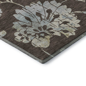 HomeRoots 8' Floral Washable Round Rug in Chocolate Gray & Beige - Stain-Resistant, UV Protected, Durable Design 667900