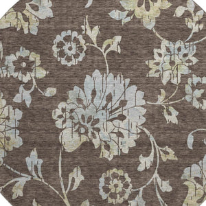 HomeRoots 8' Floral Washable Round Rug in Chocolate Gray & Beige - Stain-Resistant, UV Protected, Durable Design 667900
