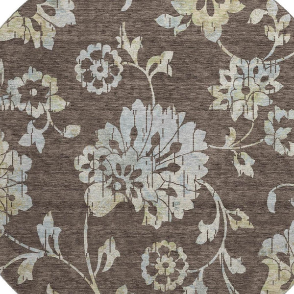 HomeRoots 8' Floral Washable Round Rug in Chocolate Gray & Beige - Stain-Resistant, UV Protected, Durable Design 667900