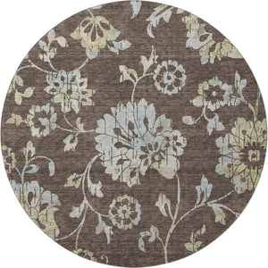 HomeRoots 8' Floral Washable Round Rug in Chocolate Gray & Beige - Stain-Resistant, UV Protected, Durable Design 667900