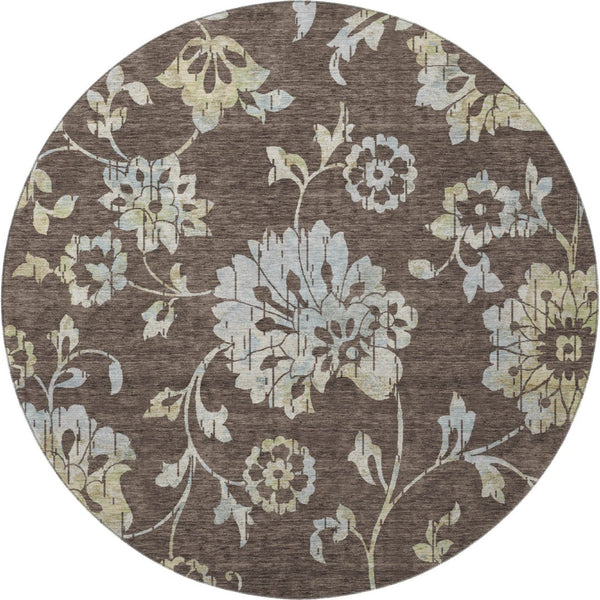 HomeRoots 8' Floral Washable Round Rug in Chocolate Gray & Beige - Stain-Resistant, UV Protected, Durable Design 667900