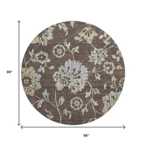 HomeRoots 8' Floral Washable Round Rug in Chocolate Gray & Beige - Stain-Resistant, UV Protected, Durable Design 667900