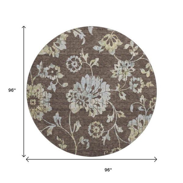 HomeRoots 8' Floral Washable Round Rug in Chocolate Gray & Beige - Stain-Resistant, UV Protected, Durable Design 667900