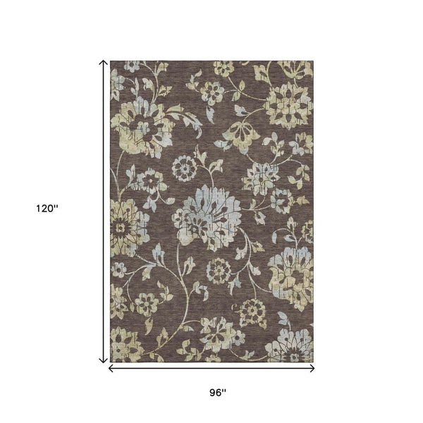 HomeRoots 8' X 10' Floral Area Rug in Chocolate Gray & Beige - Washable, UV Protected, Ideal for Homes with Kids 667901