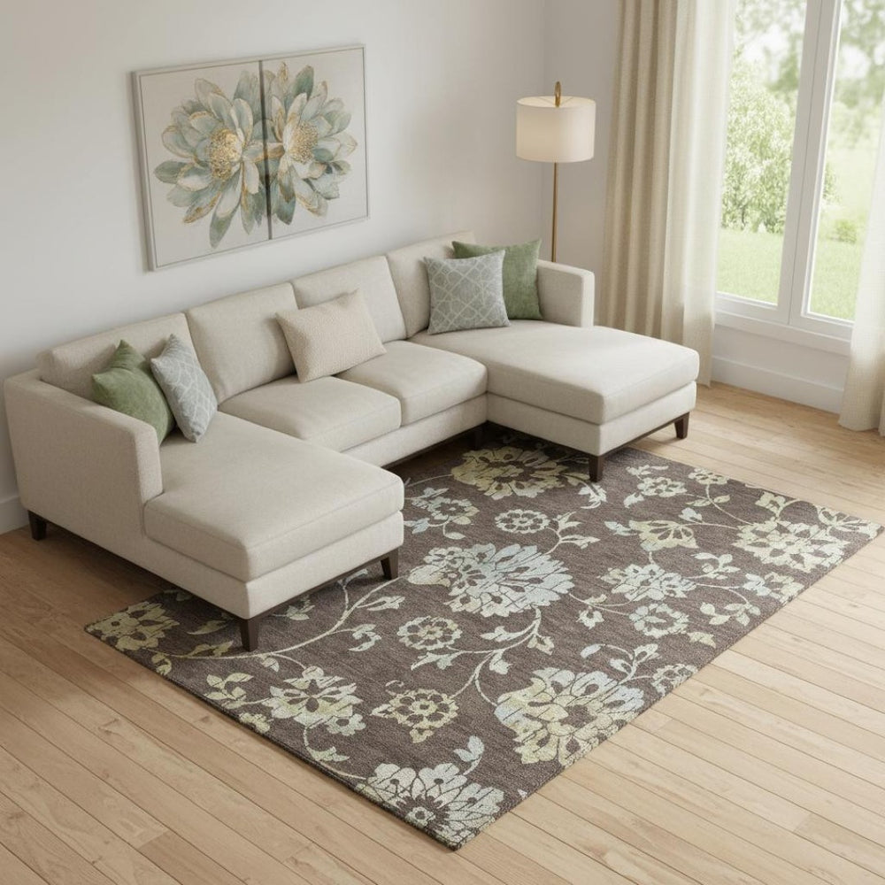 HomeRoots 8' X 10' Floral Area Rug in Chocolate Gray & Beige - Washable, UV Protected, Ideal for Homes with Kids 667901