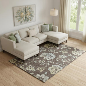 HomeRoots 8' X 10' Floral Area Rug in Chocolate Gray & Beige - Washable, UV Protected, Ideal for Homes with Kids 667901