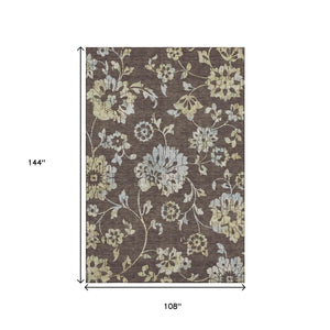 HomeRoots 9' Chocolate Gray and Beige Floral Area Rug - Durable, Washable, UV Protected for Stylish Homes 667902