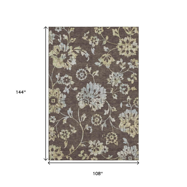 HomeRoots 9' Chocolate Gray and Beige Floral Area Rug - Durable, Washable, UV Protected for Stylish Homes 667902