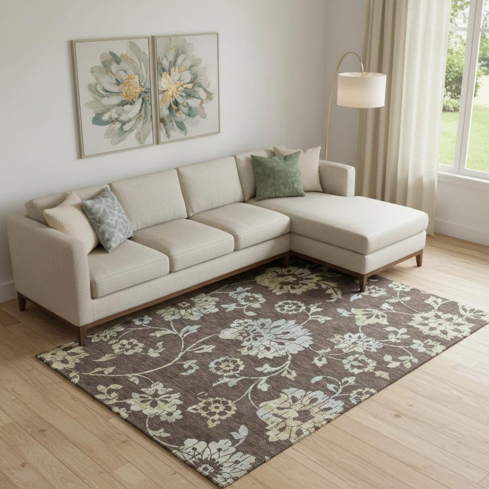 HomeRoots 9' Chocolate Gray and Beige Floral Area Rug - Durable, Washable, UV Protected for Stylish Homes 667902