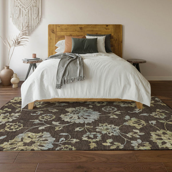 HomeRoots 9' Chocolate Gray and Beige Floral Area Rug - Durable, Washable, UV Protected for Stylish Homes 667902