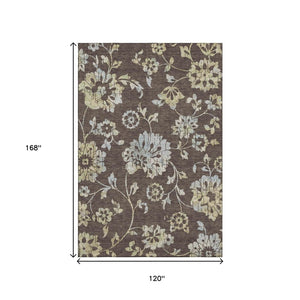 HomeRoots 10' Washable Area Rug in Chocolate Gray & Beige Floral Design - UV Protected & Stain Resistant! 667903