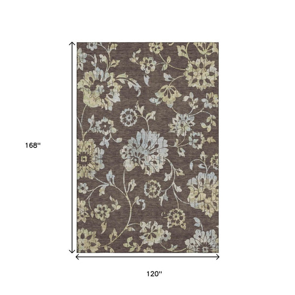 HomeRoots 10' Washable Area Rug in Chocolate Gray & Beige Floral Design - UV Protected & Stain Resistant! 667903