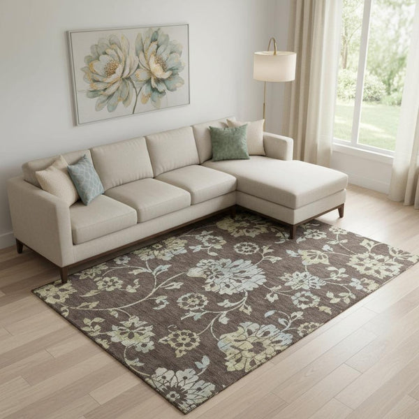 HomeRoots 10' Washable Area Rug in Chocolate Gray & Beige Floral Design - UV Protected & Stain Resistant! 667903