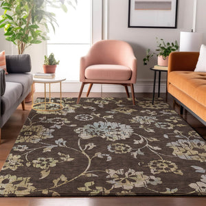 HomeRoots 10' Washable Area Rug in Chocolate Gray & Beige Floral Design - UV Protected & Stain Resistant! 667903